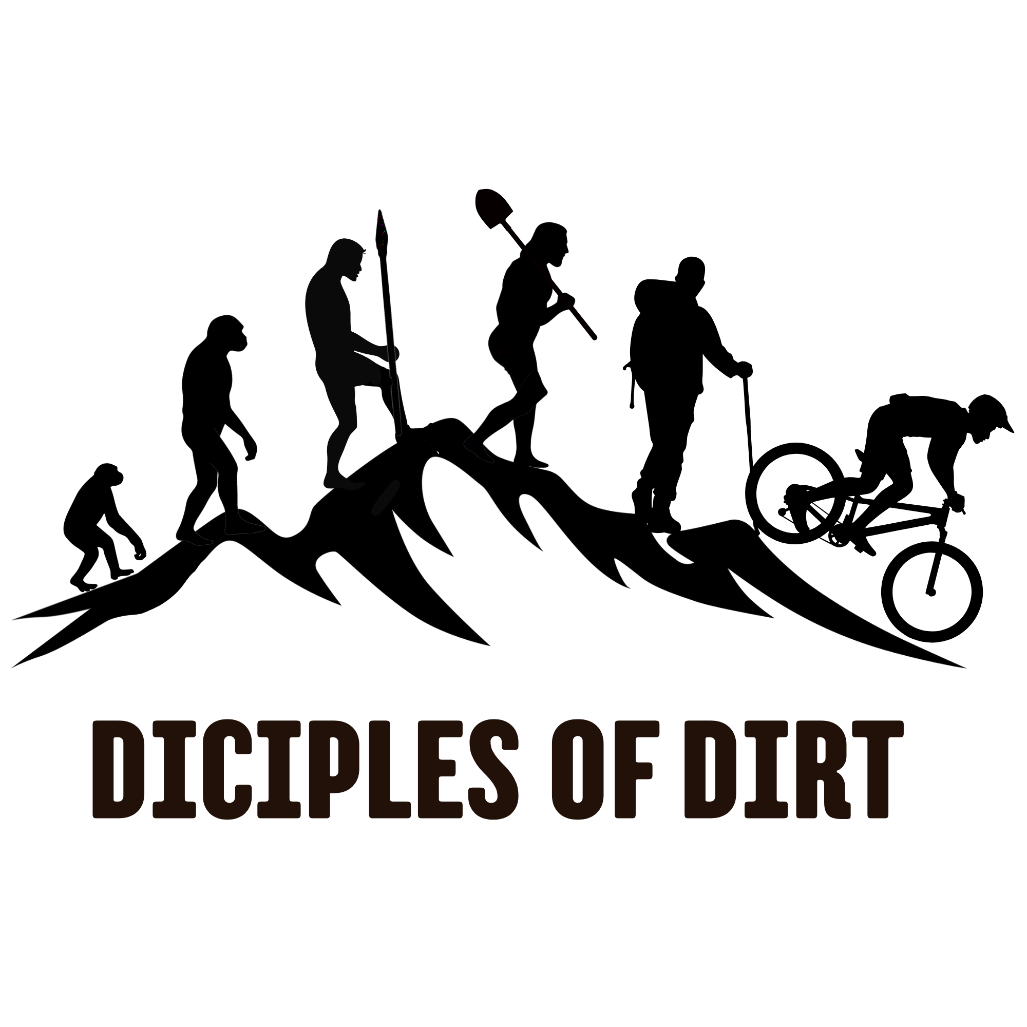 Disciples of Dirt evolution illustration with trail builders and mountain biker